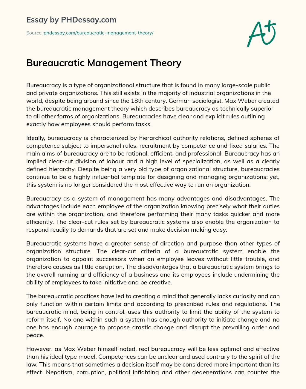 Bureaucratic Management Theory essay