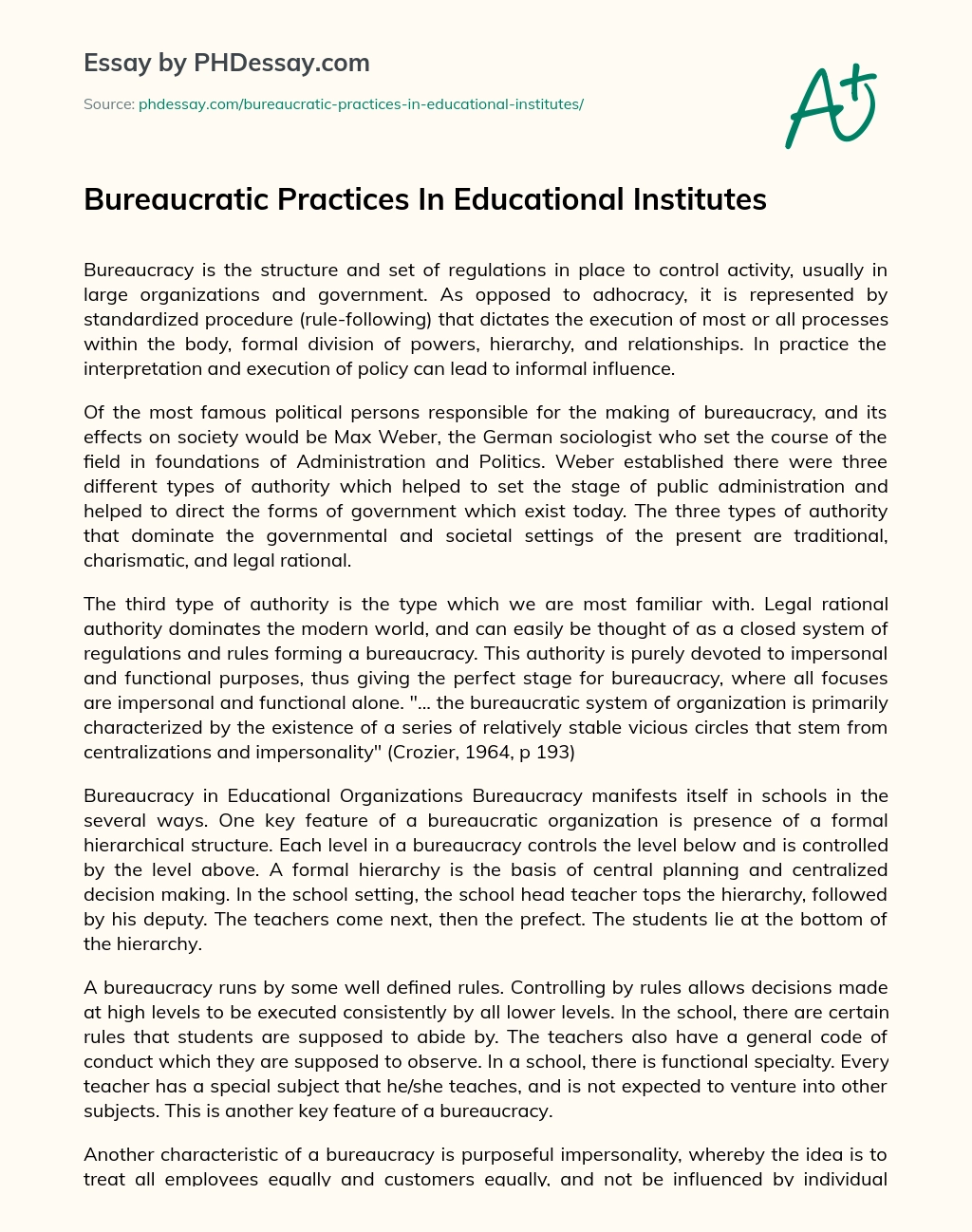 Bureaucratic Practices In Educational Institutes essay