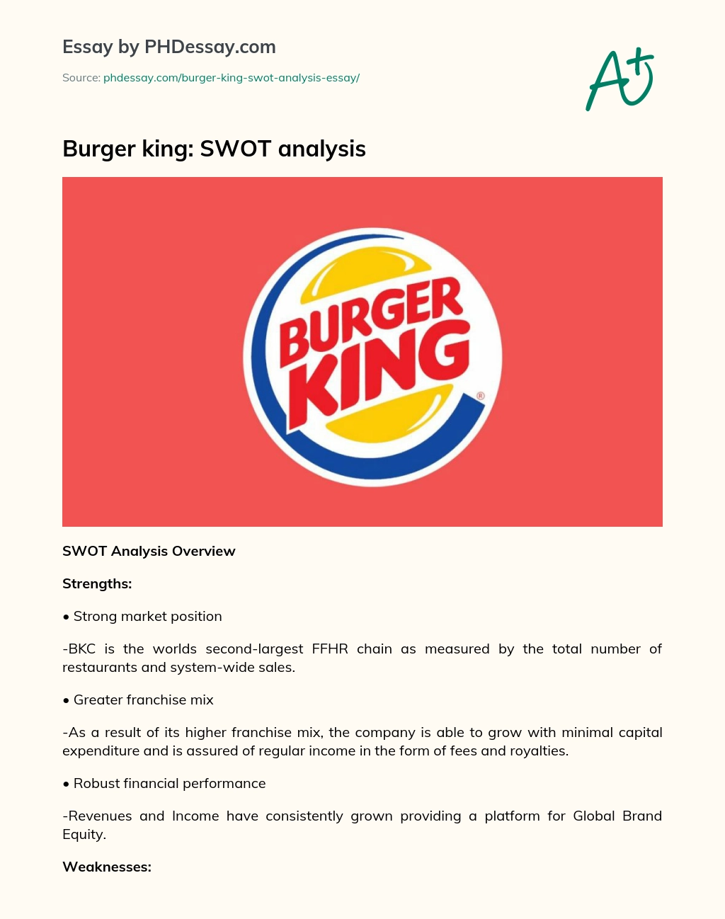 Burger King: SWOT Analysis essay