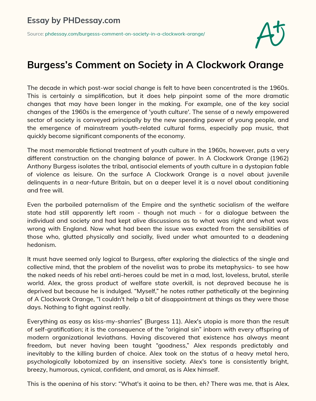 Burgess’s Comment on Society in A Clockwork Orange essay