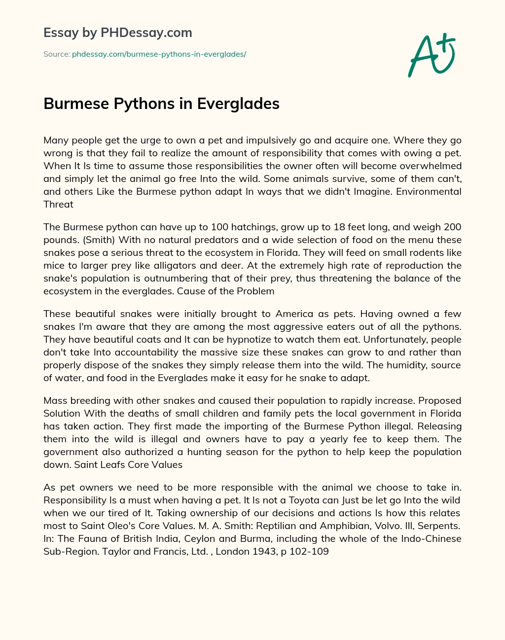 Burmese Pythons in Everglades essay