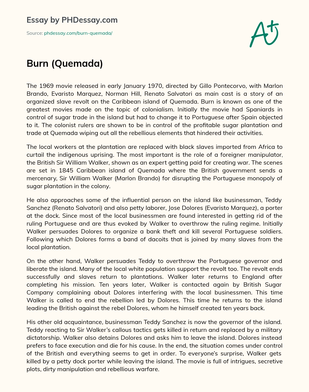 Burn: A Movie on Colonialism and Organized Slave Revolt in the Caribbean essay