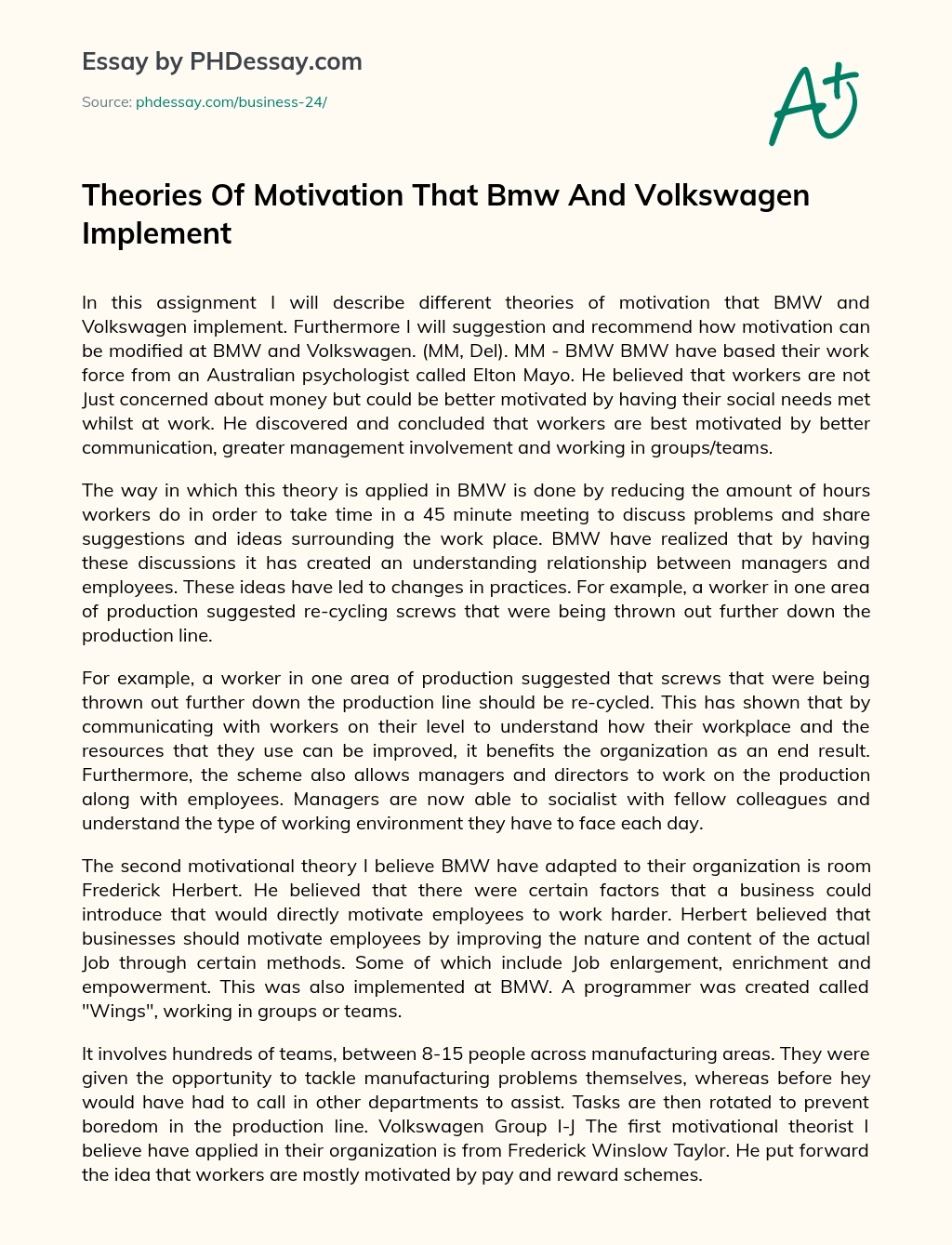 Theories Of Motivation That Bmw And Volkswagen Implement essay