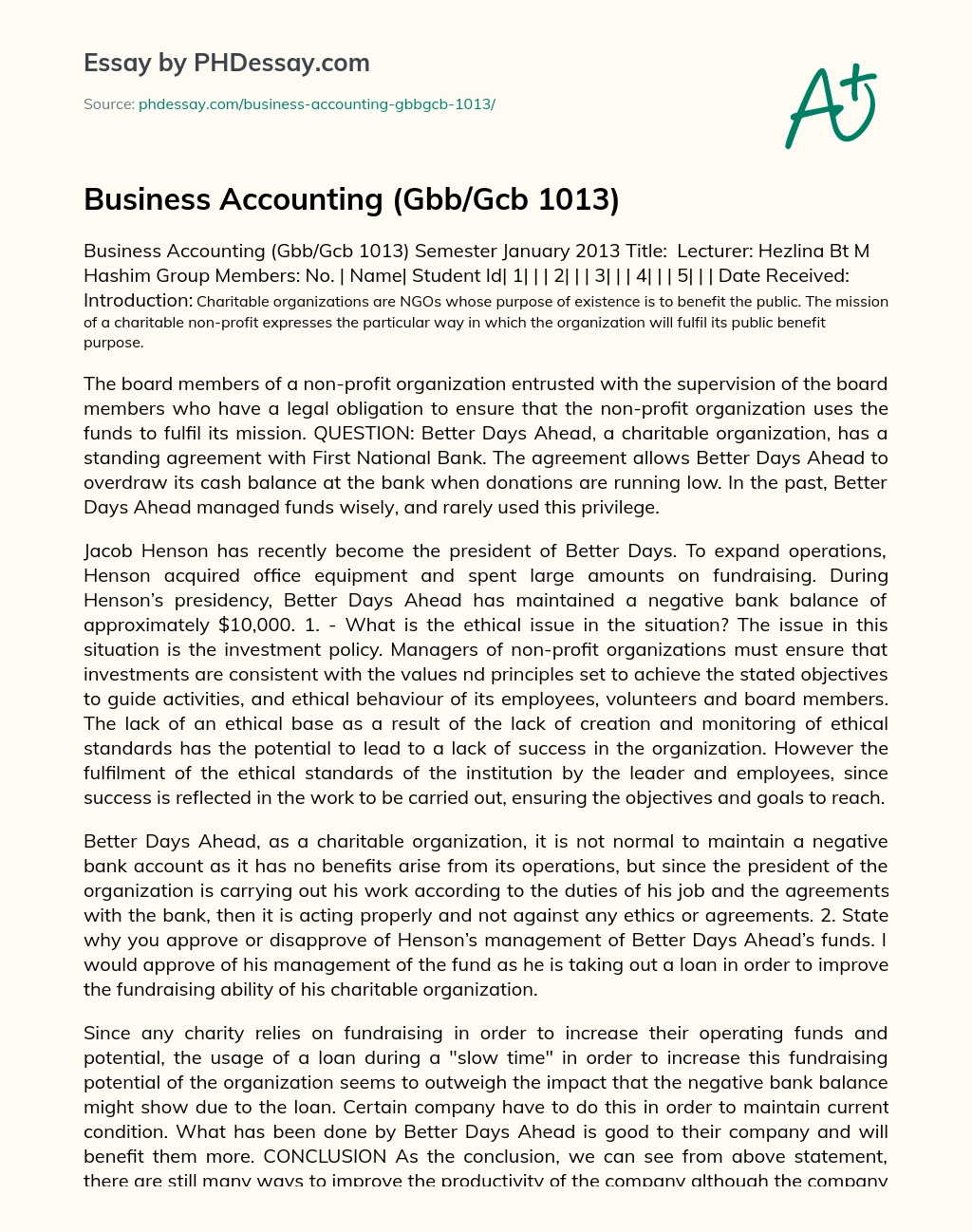 Business Accounting (Gbb/Gcb 1013) essay