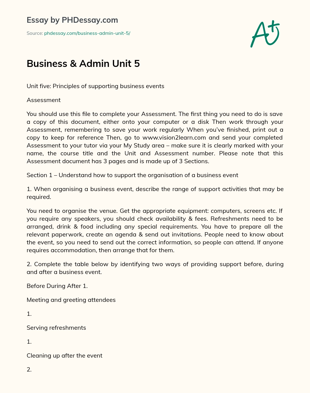 Business & Admin Unit 5 essay