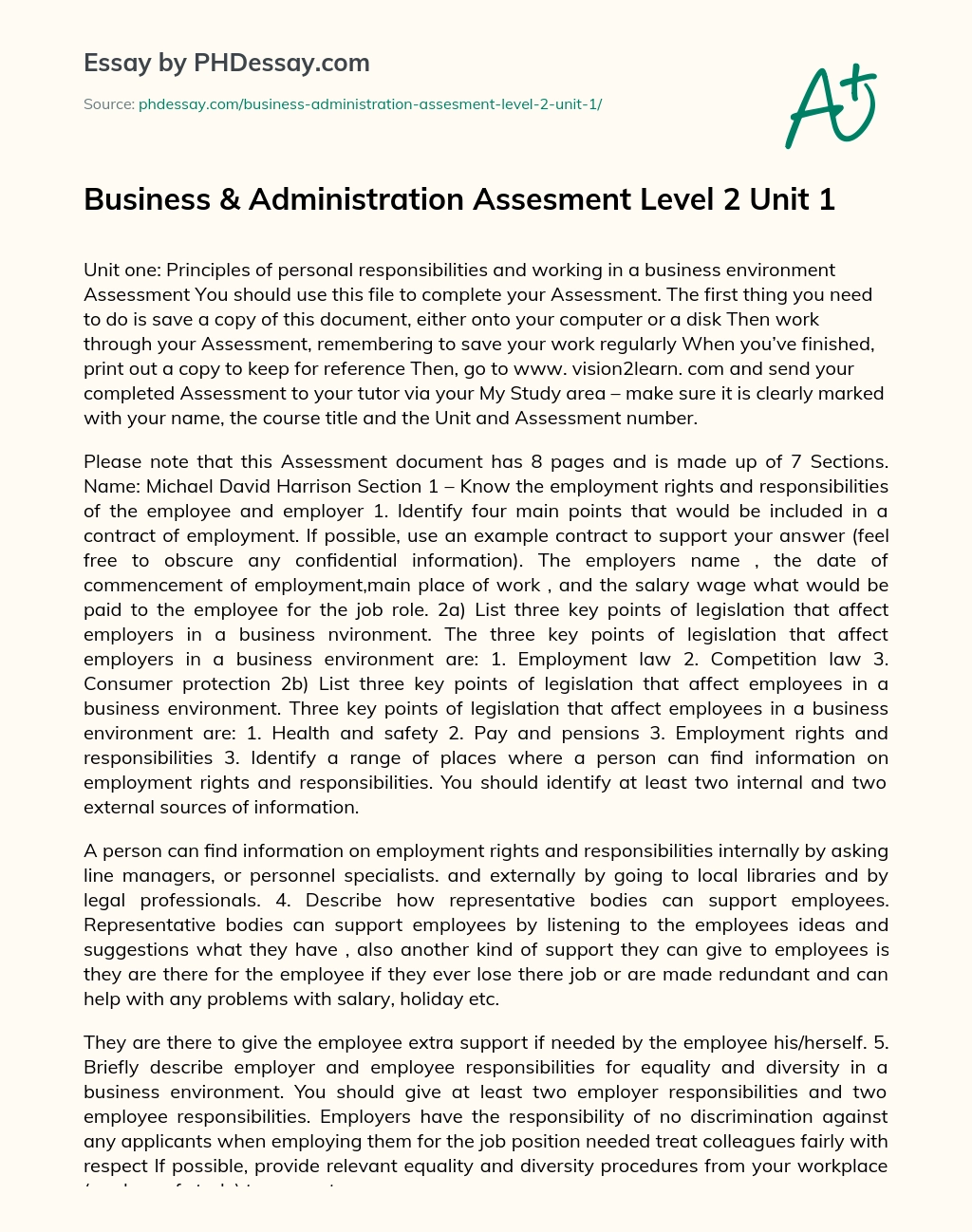 Business & Administration Assesment Level 2 Unit 1 essay