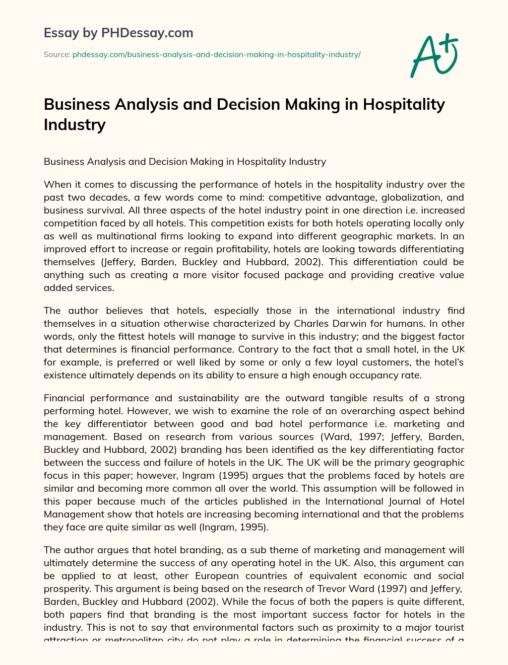 Business Analysis and Decision Making in Hospitality Industry essay