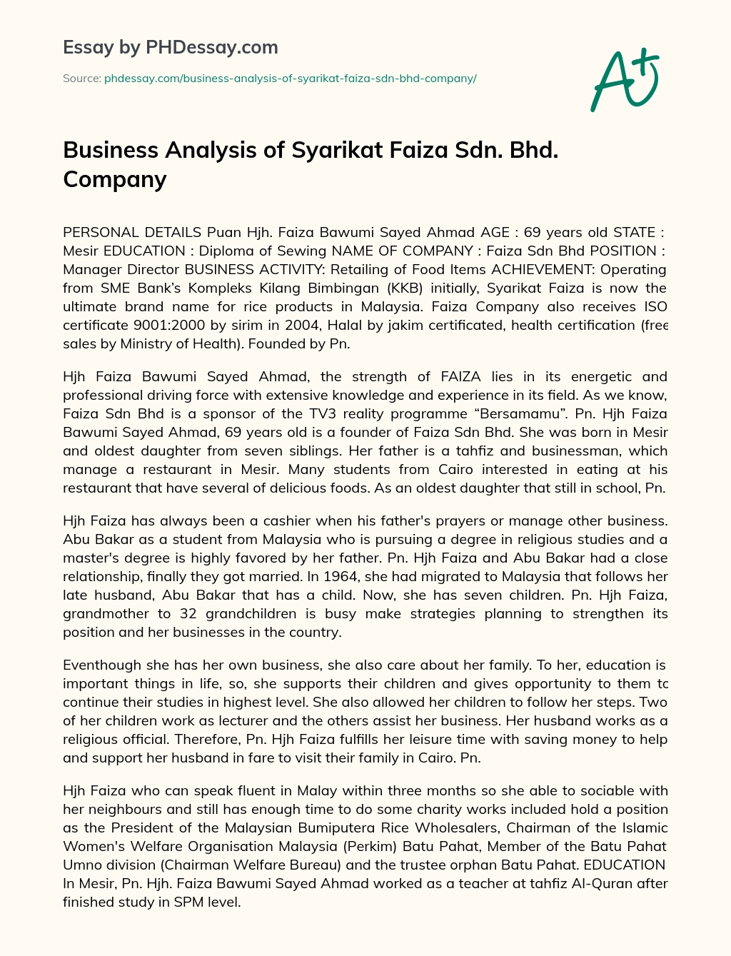 Business Analysis of Syarikat Faiza Sdn. Bhd. Company essay
