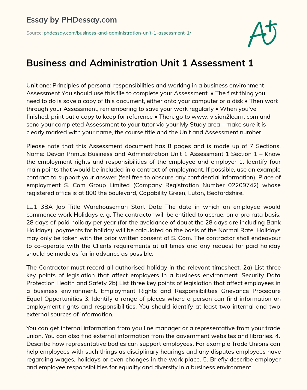 Business and Administration Unit 1 Assessment 1 essay