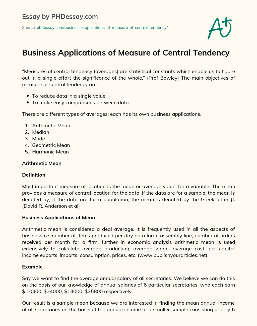 Business Applications of Measure of Central Tendency essay