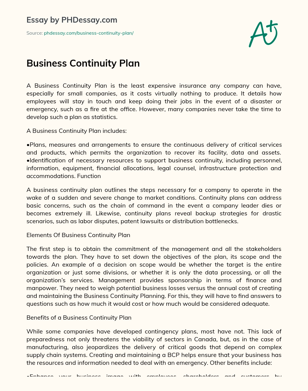 Business Continuity Plan essay