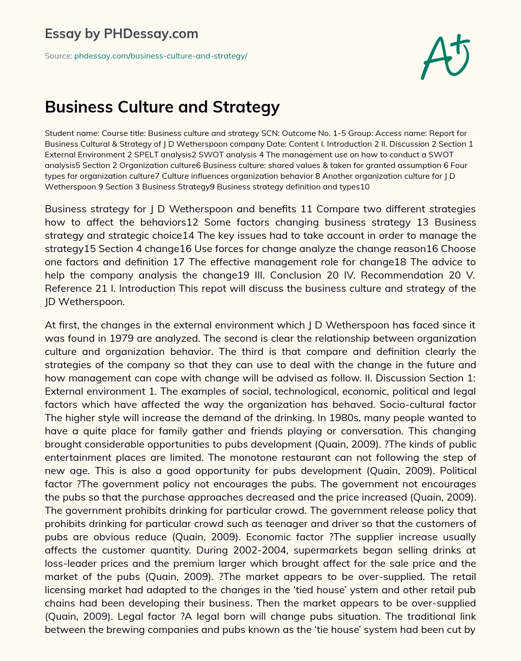 Business Culture and Strategy essay
