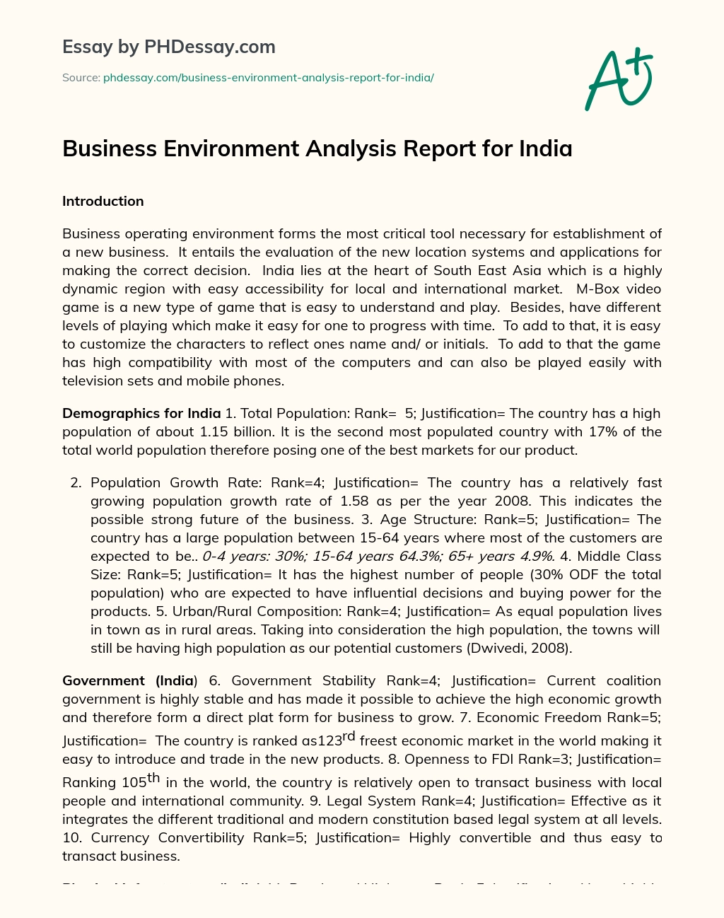 Business Environment Analysis Report for India essay