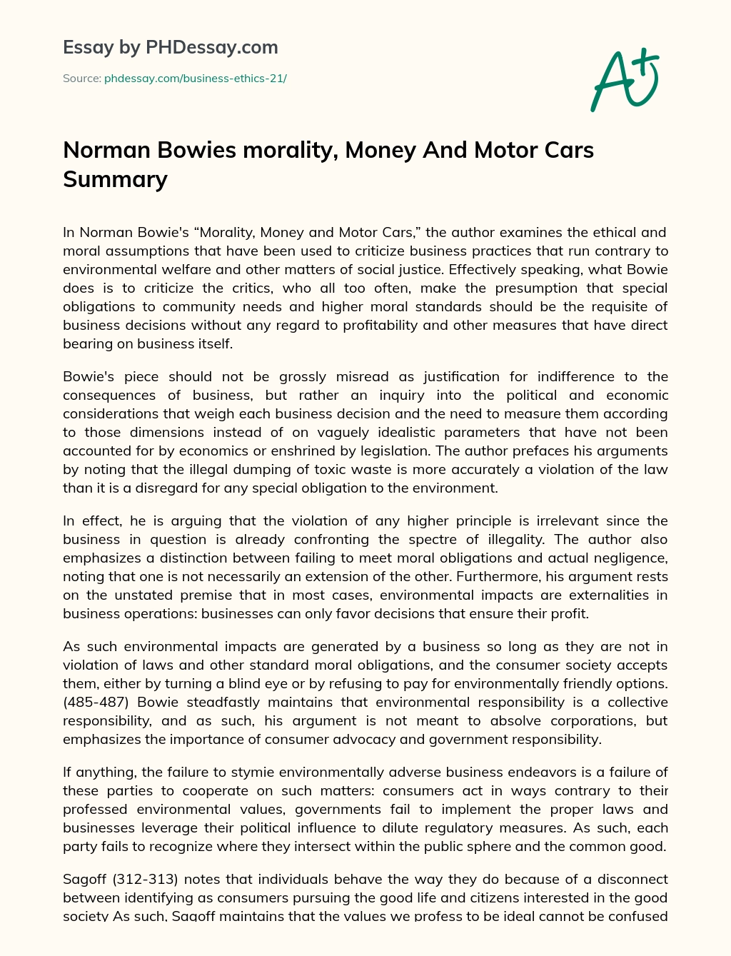 Norman Bowies morality, Money And Motor Cars Summary essay