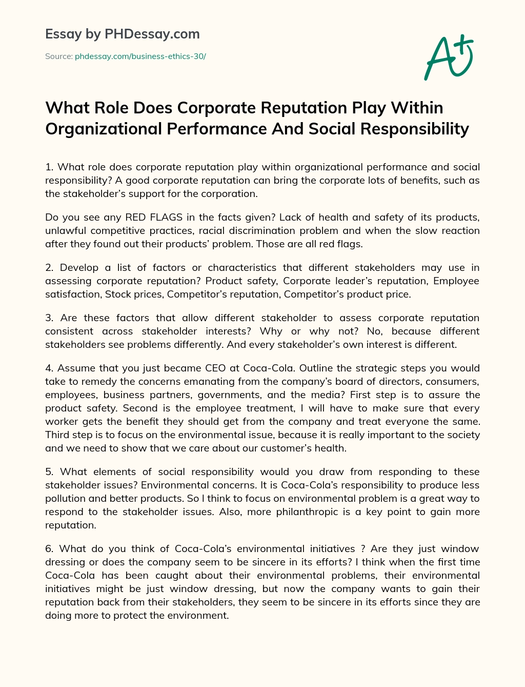 What role does corporate reputation play within organizational performance and social responsibility essay
