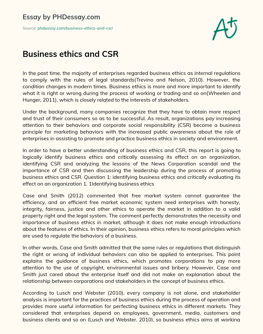 Business ethics and CSR essay