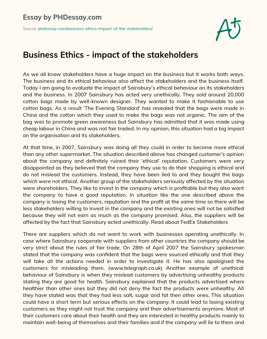 Business Ethics – impact of the stakeholders essay