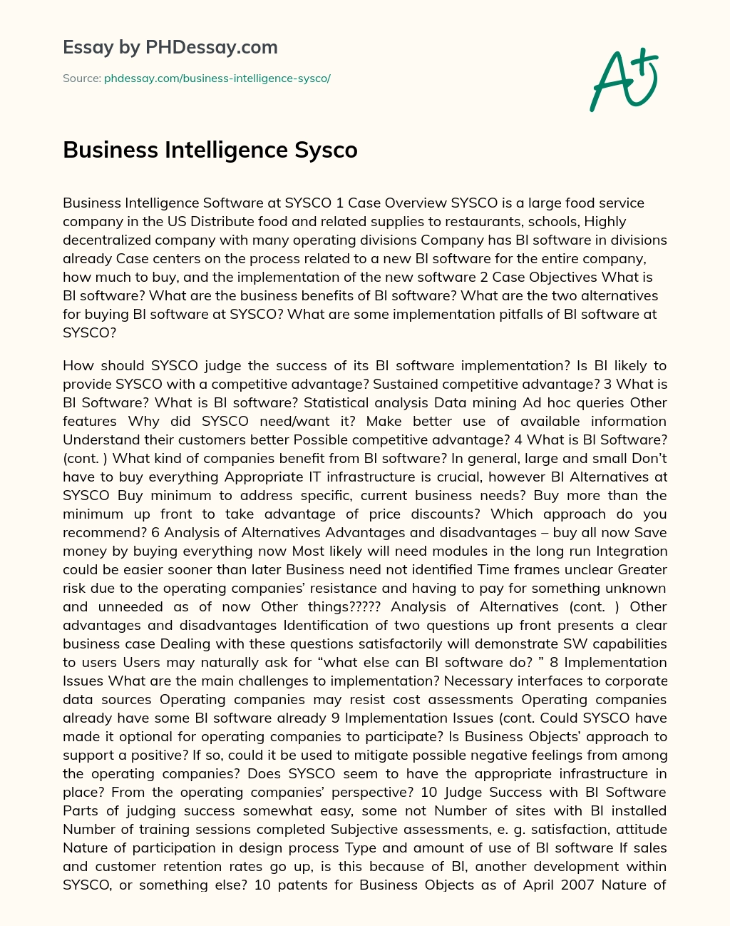 Business Intelligence Sysco essay