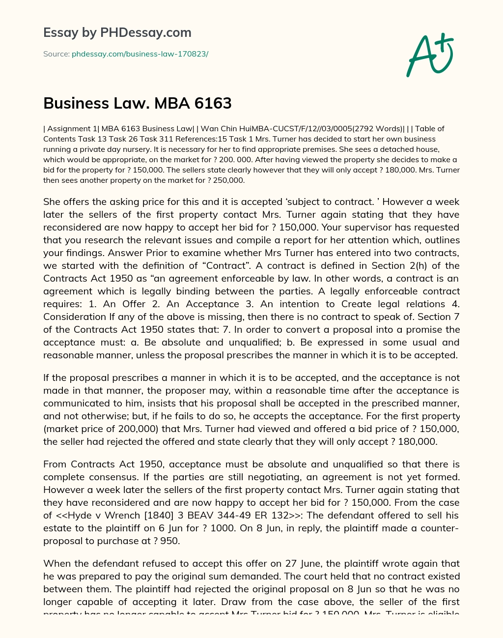 Business Law. MBA 6163 essay