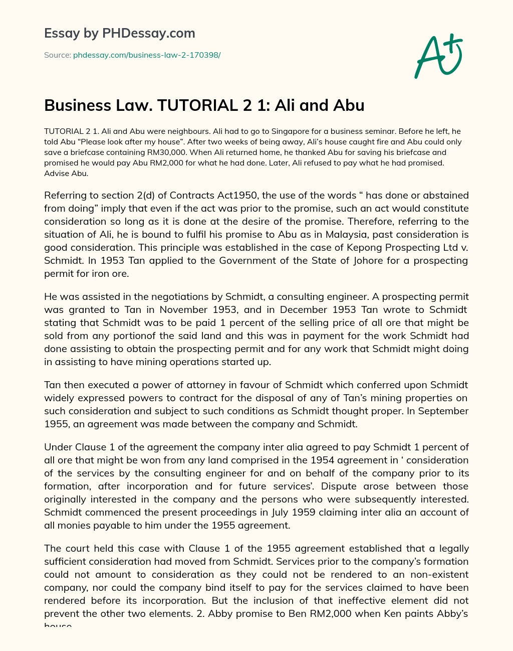 Business Law. TUTORIAL 2 1: Ali and Abu essay