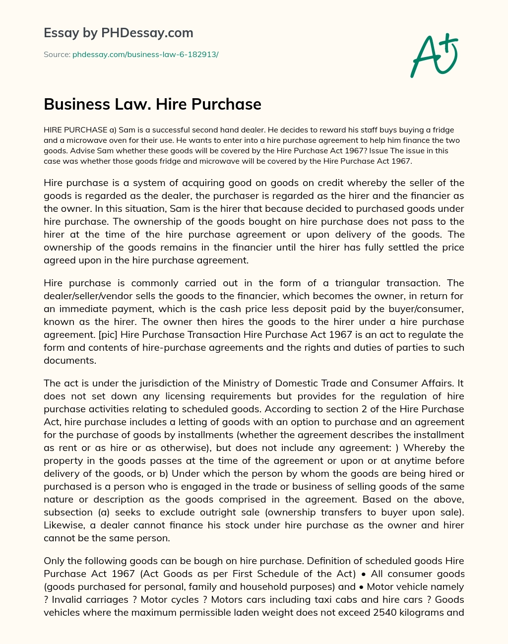 Business Law. Hire Purchase essay