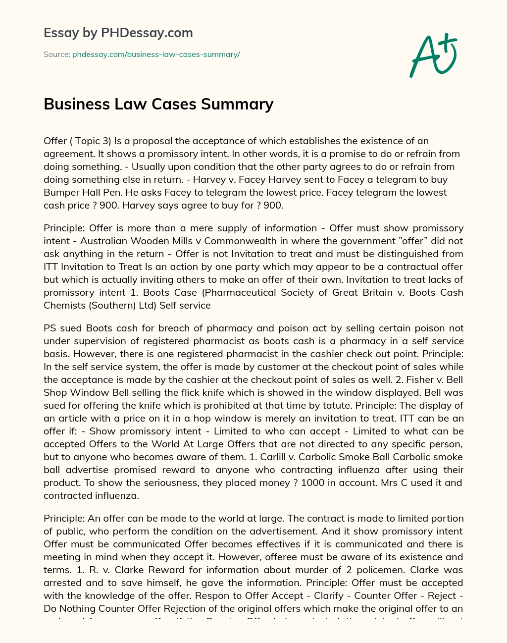 Business Law Cases Summary essay