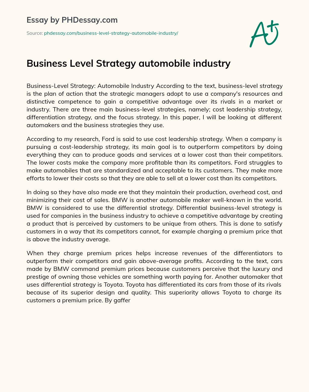 Business Level Strategy automobile industry essay