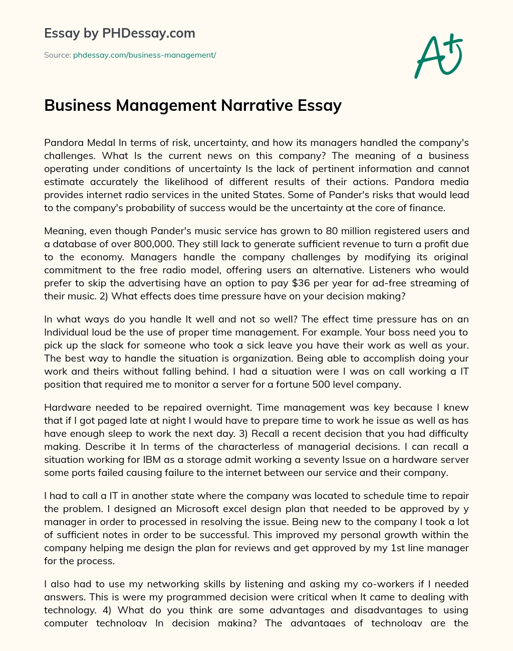 Business Management Narrative Essay essay