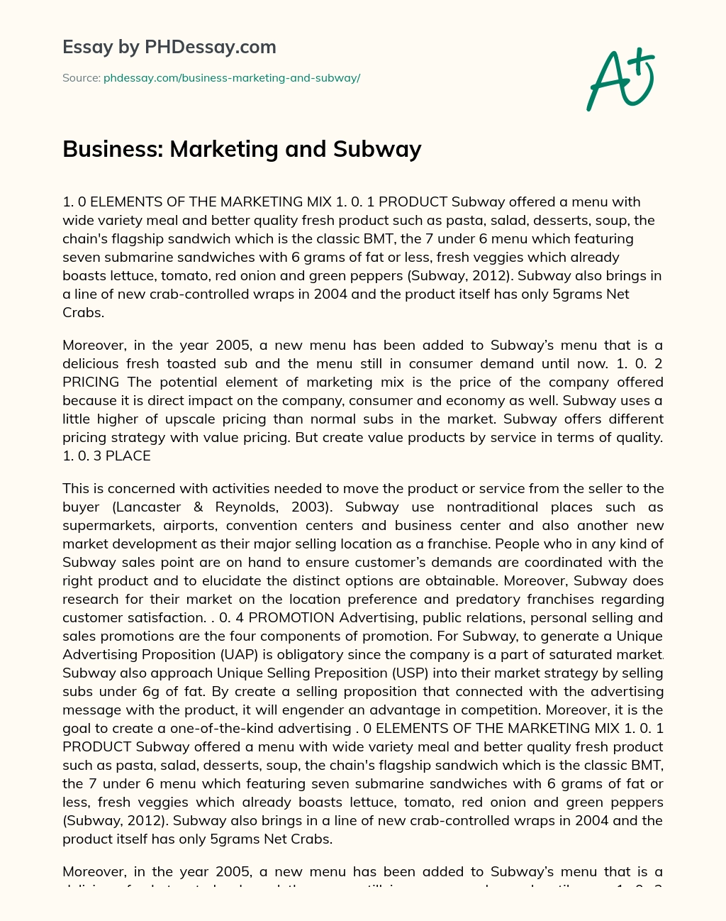 Business: Marketing and Subway essay