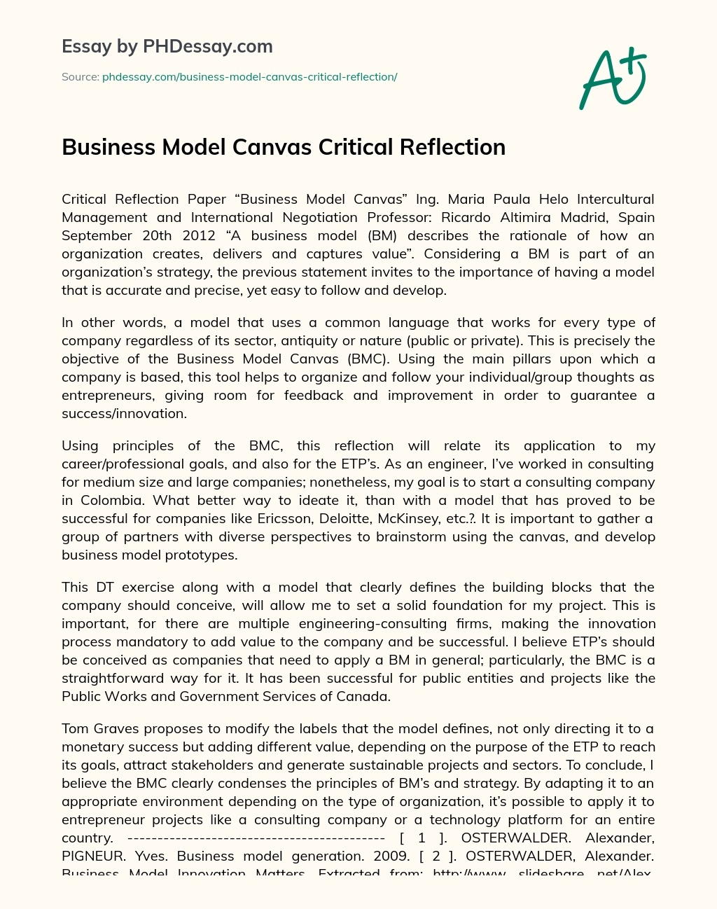 Business Model Canvas Critical Reflection essay