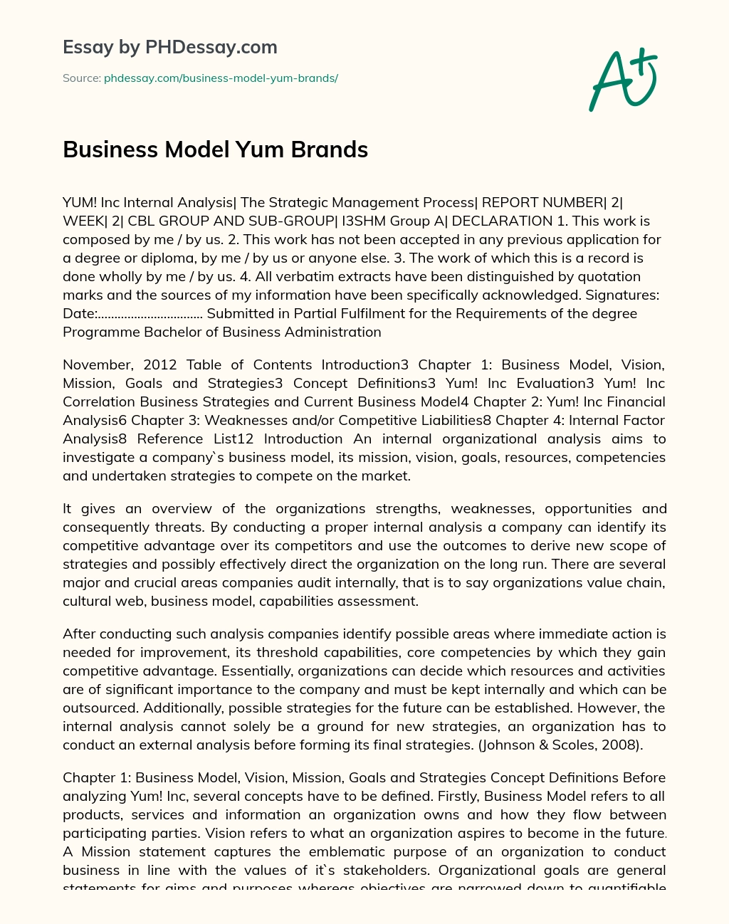 Business Model Yum Brands essay