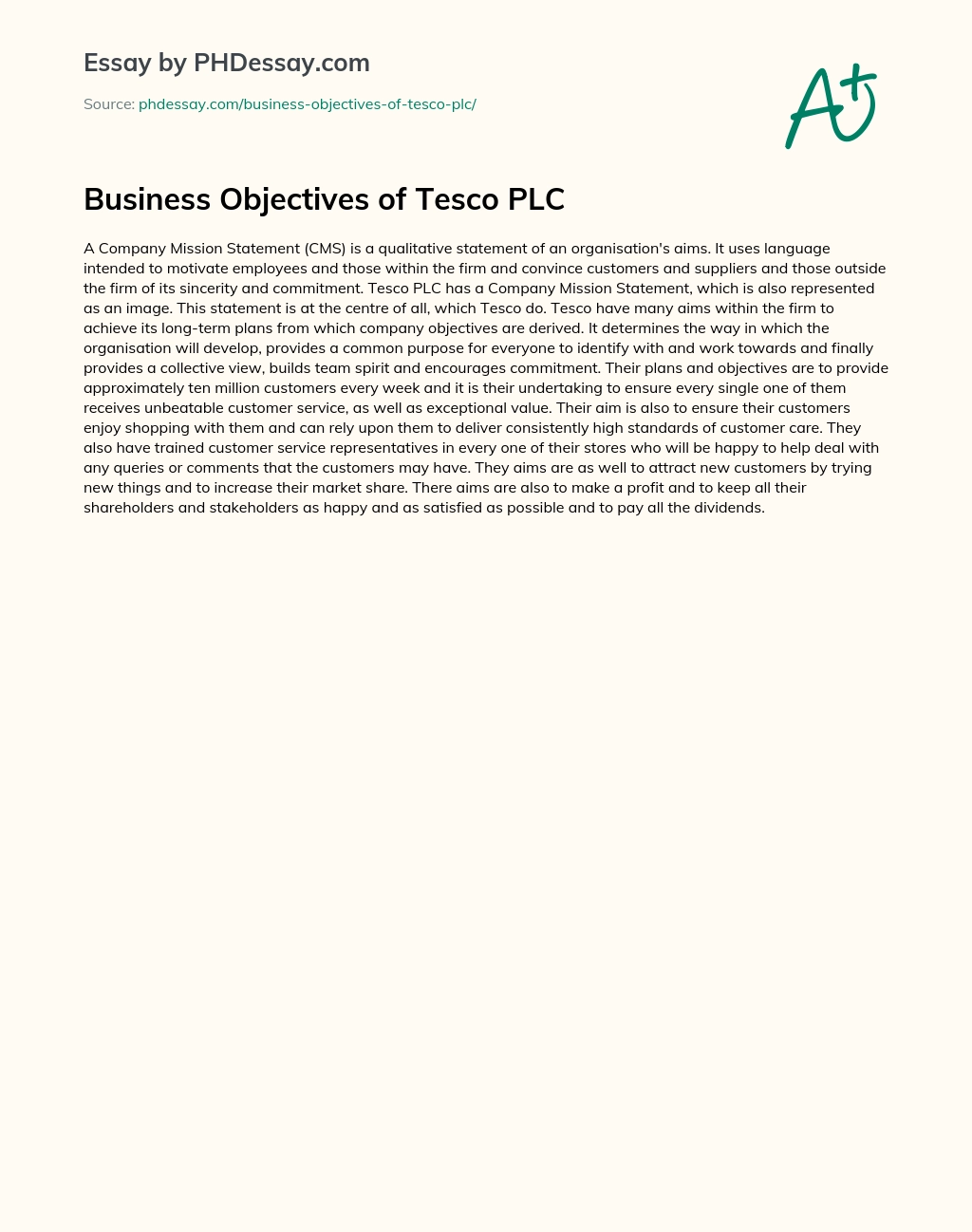 Business Objectives of Tesco PLC essay