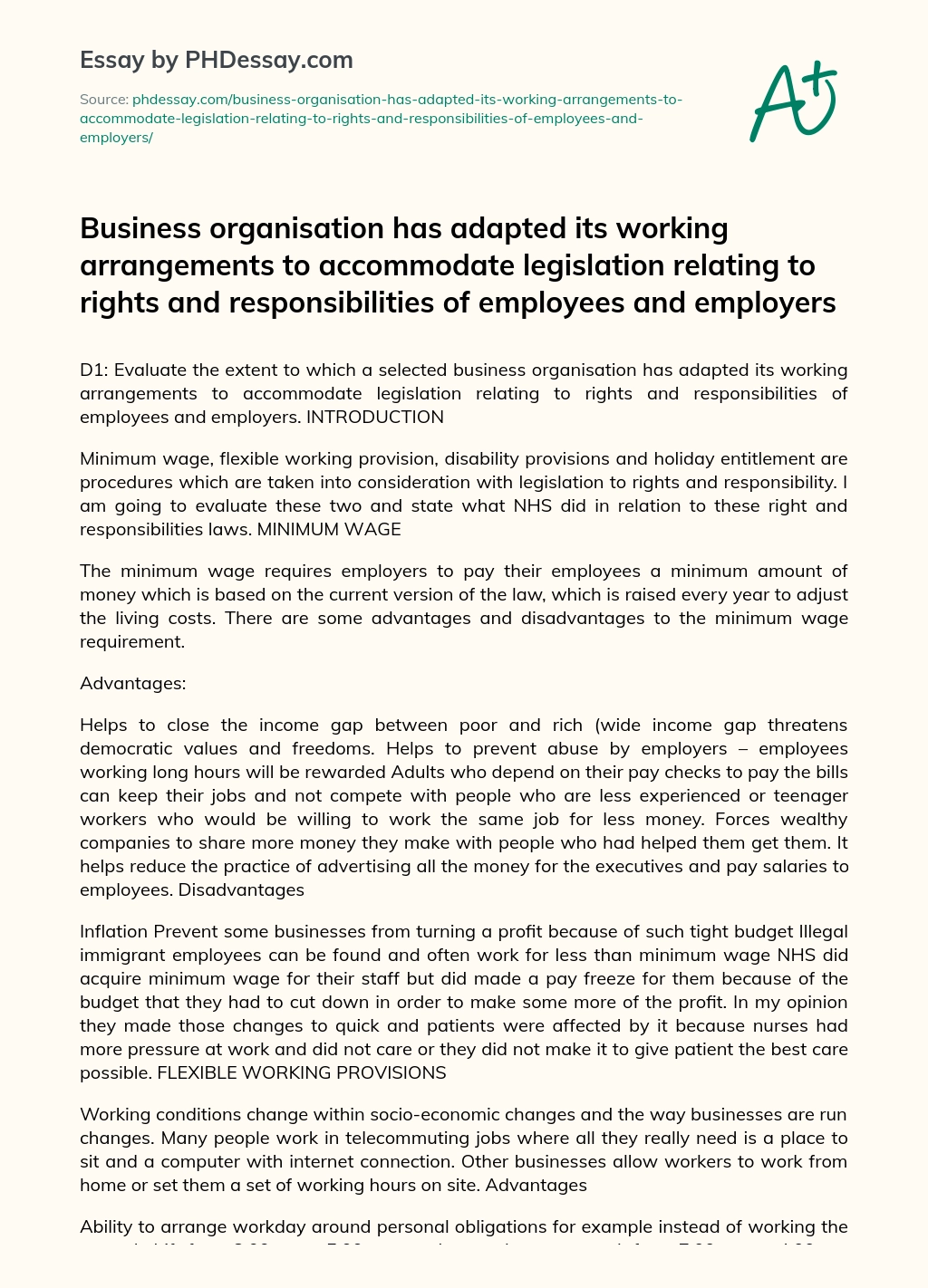 Business organisation has adapted its working arrangements to accommodate legislation relating to rights and responsibilities of employees and employers essay
