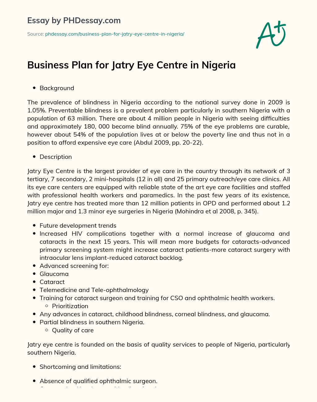 Business Plan for Jatry Eye Centre in Nigeria essay