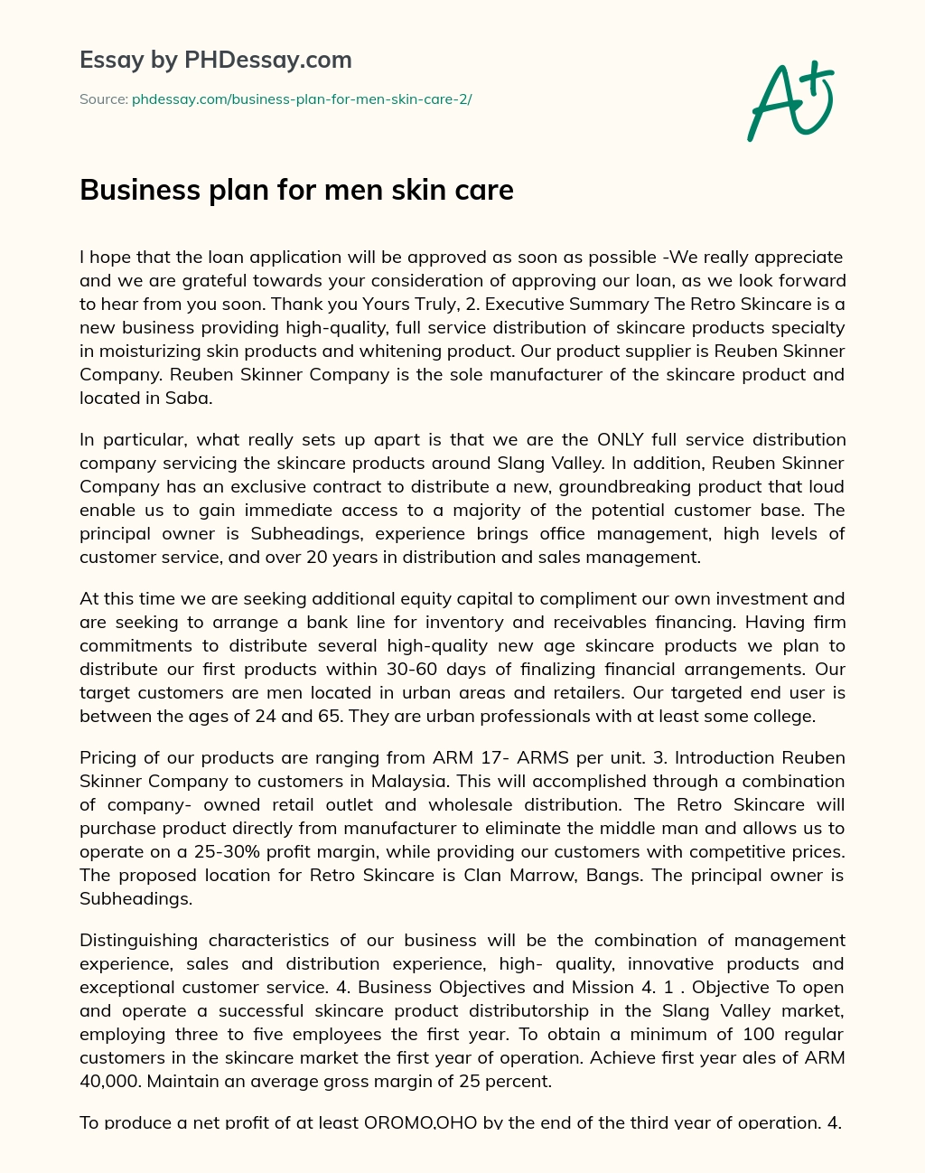 Business plan for men skin care essay