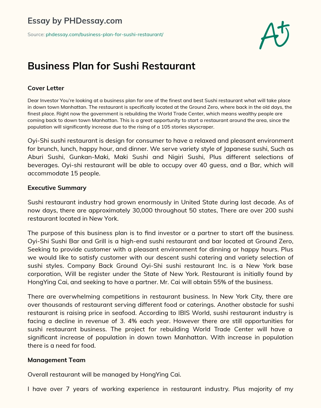 Business Plan for Sushi Restaurant essay