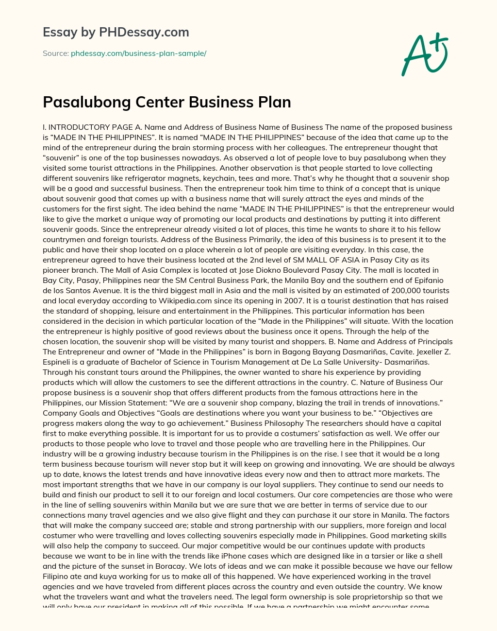 Pasalubong Center Business Plan essay