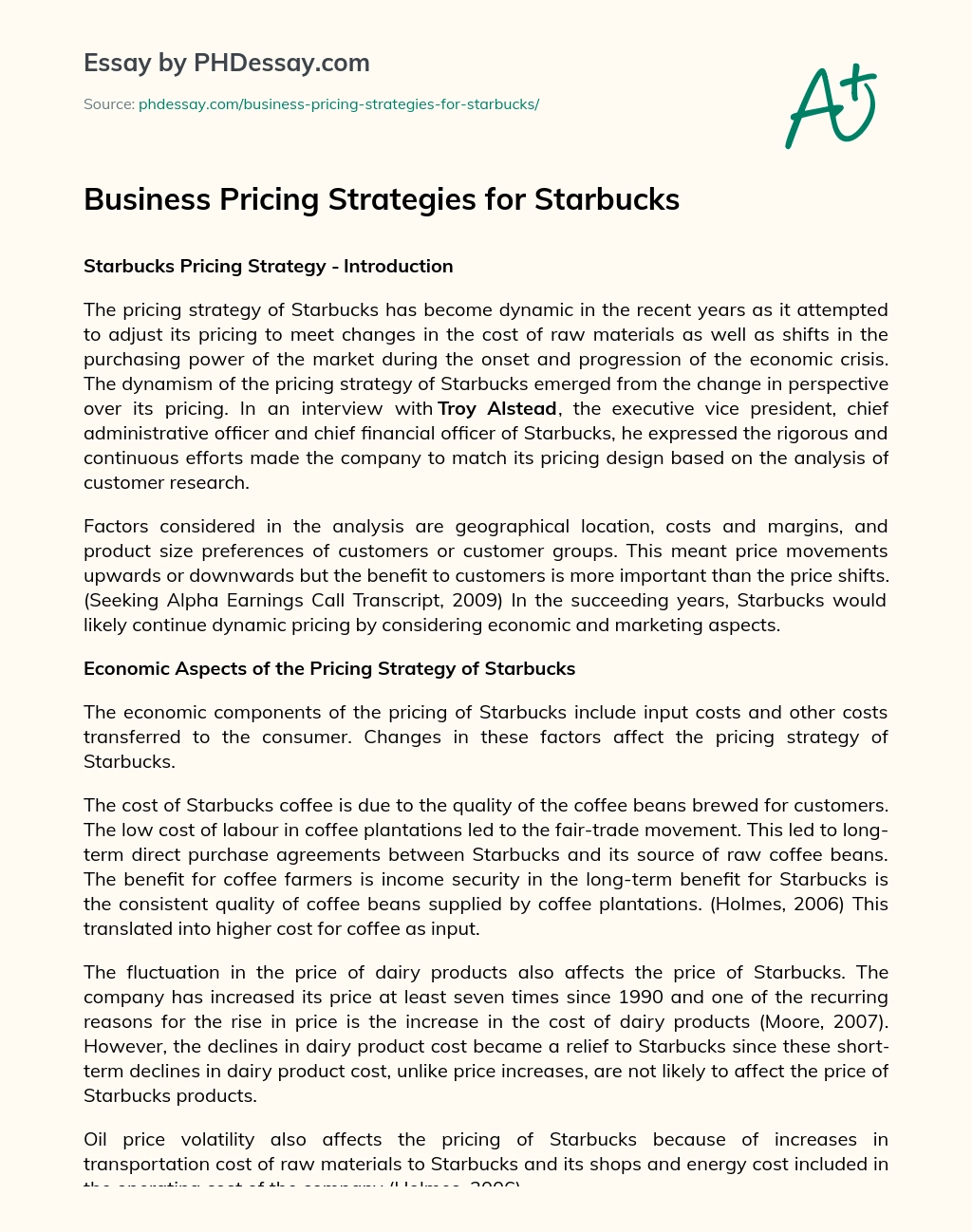 Business Pricing Strategies for Starbucks essay