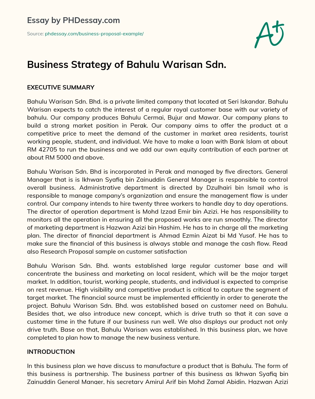 Business Strategy of Bahulu Warisan Sdn. essay