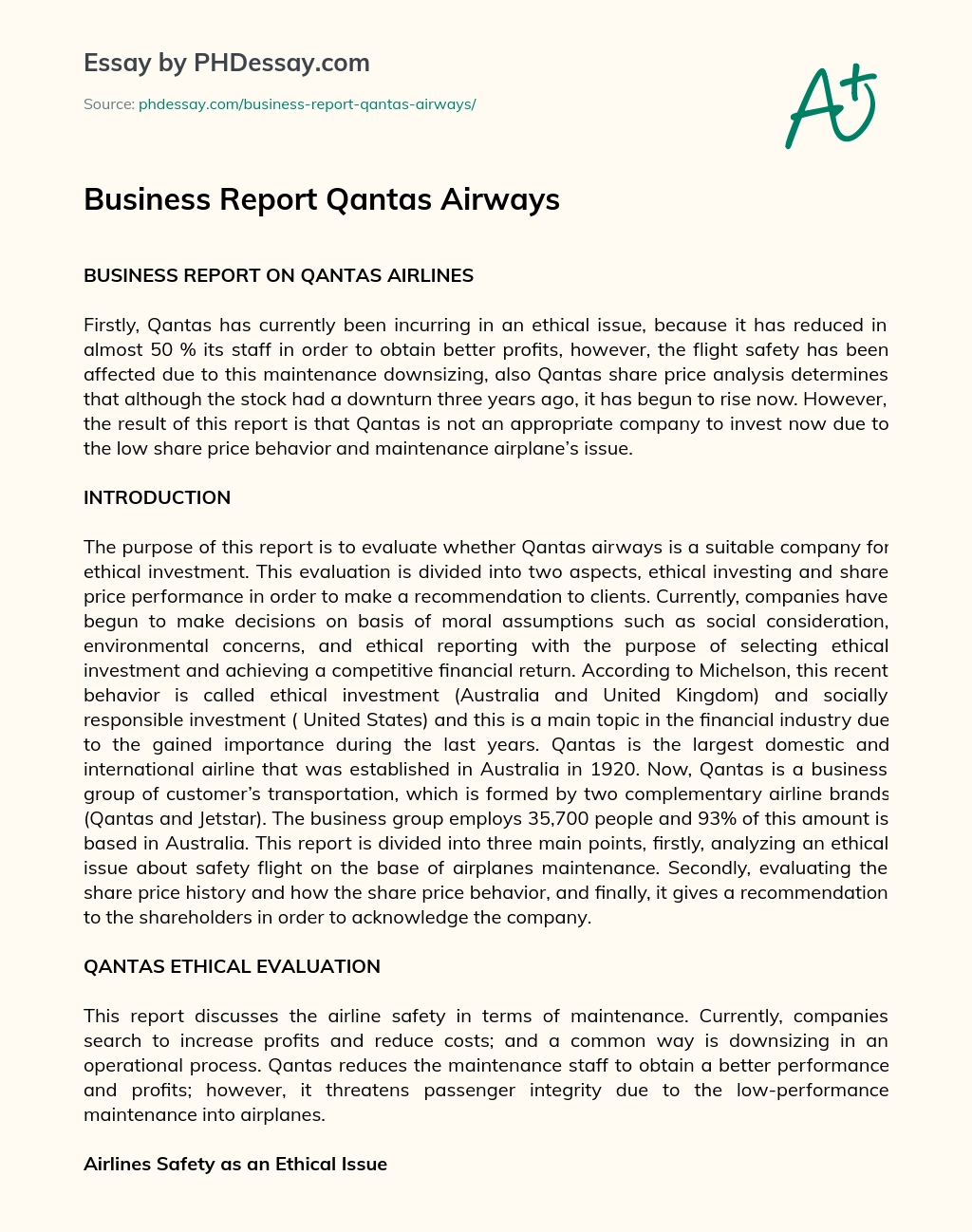 Business Report Qantas Airways essay