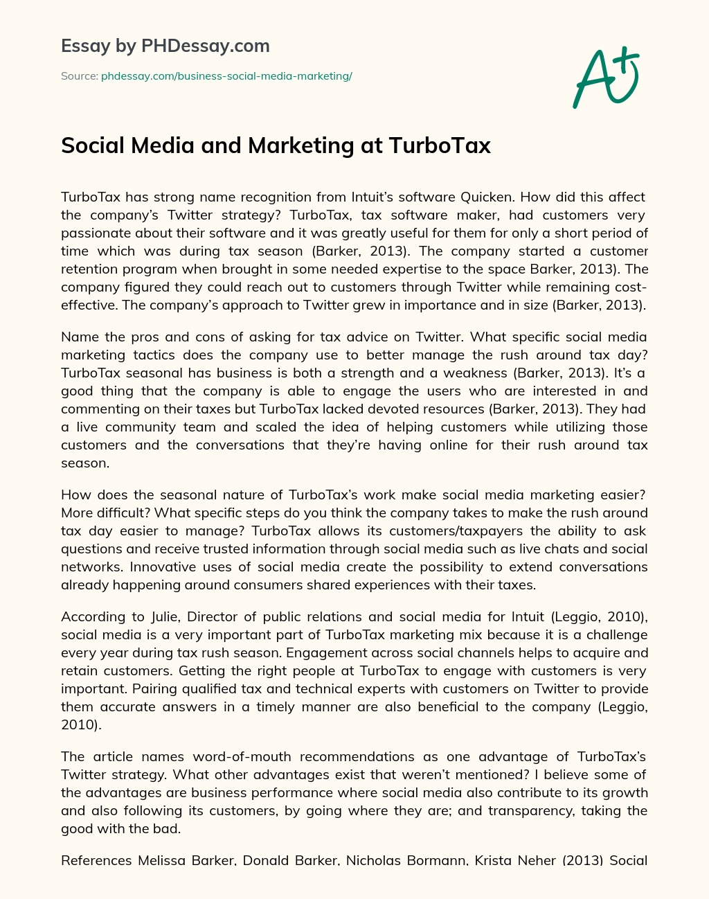 Social Media and Marketing at TurboTax essay