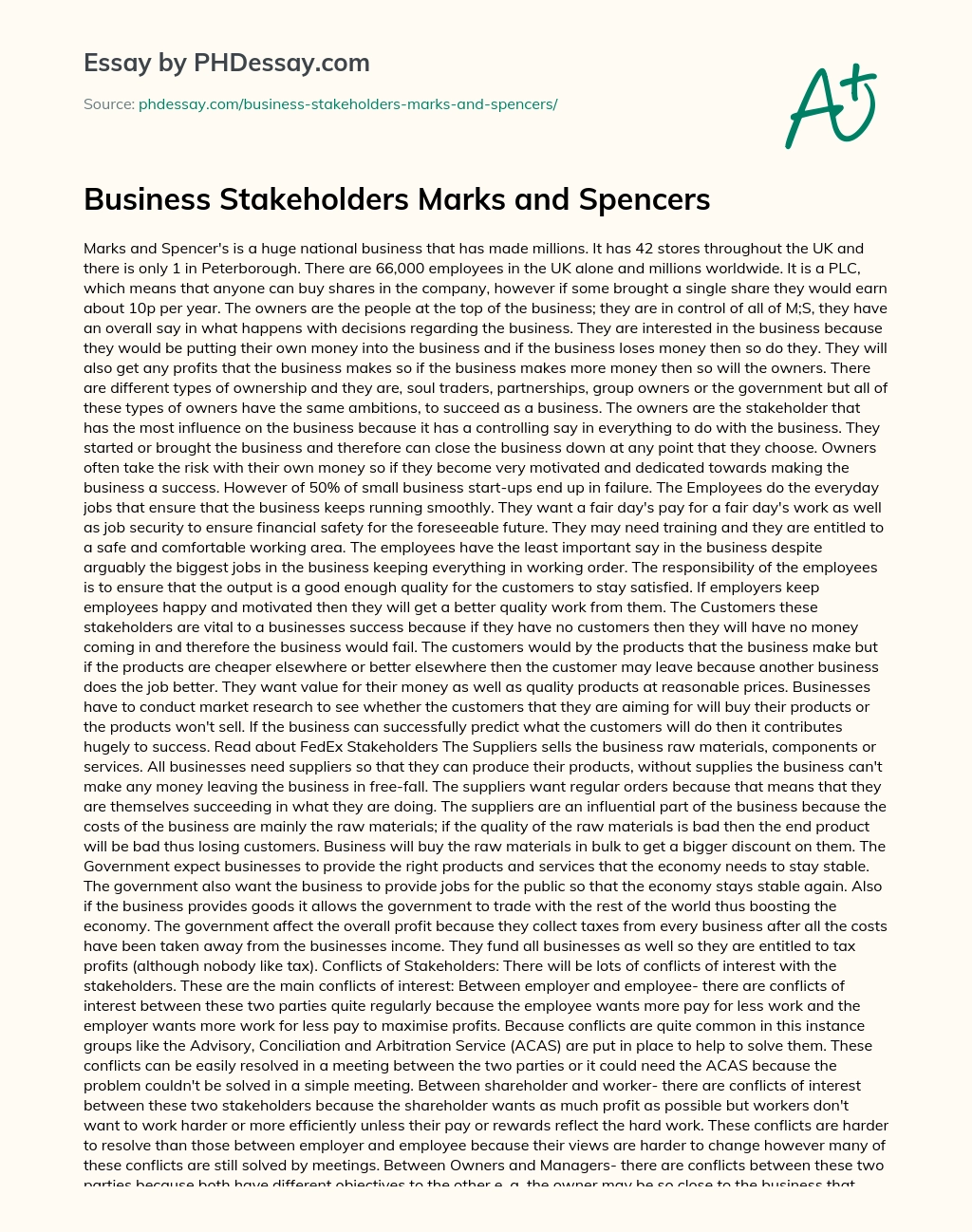 Business Stakeholders Marks and Spencers essay