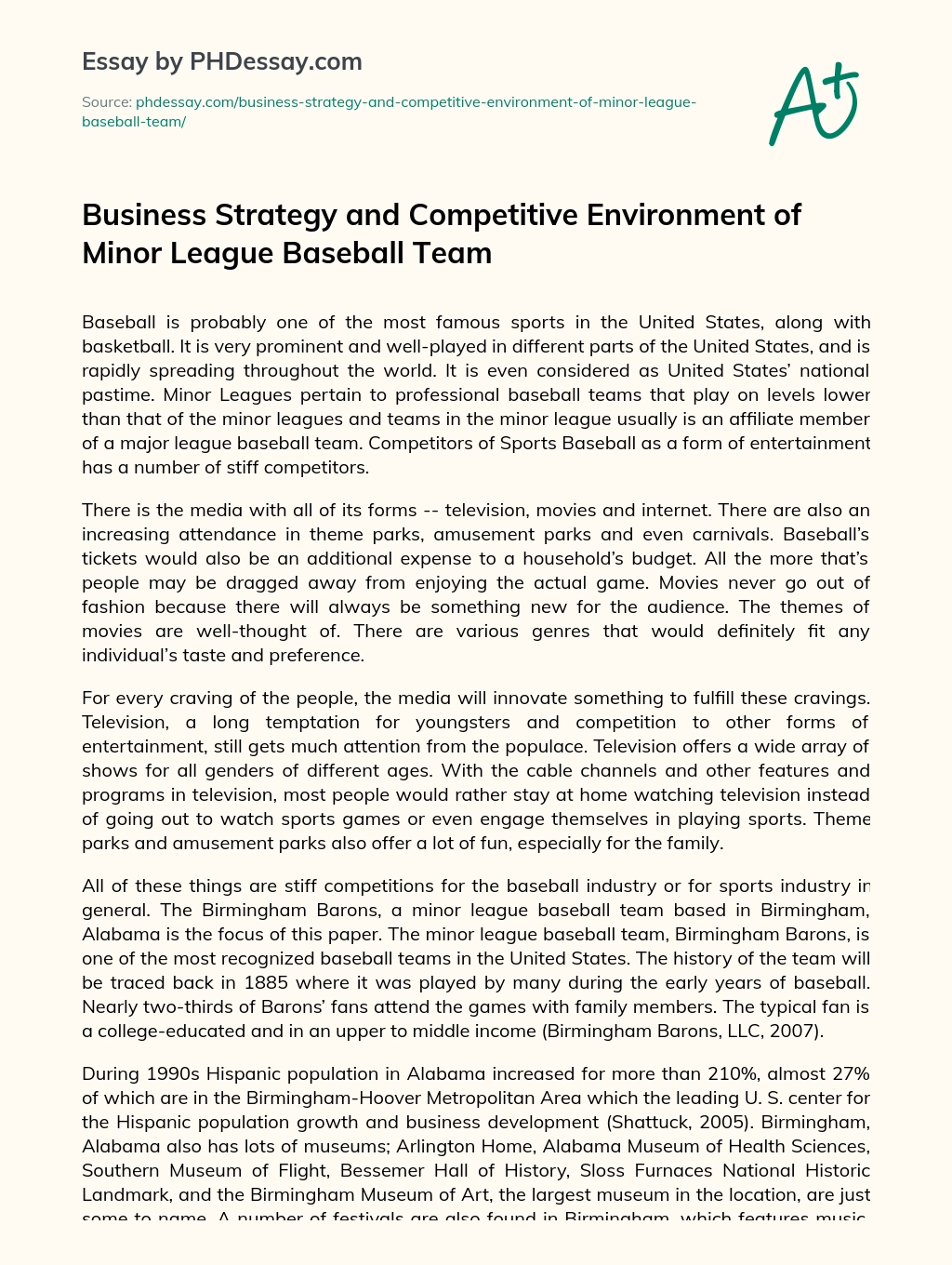 Business Strategy and Competitive Environment of Minor League Baseball Team essay