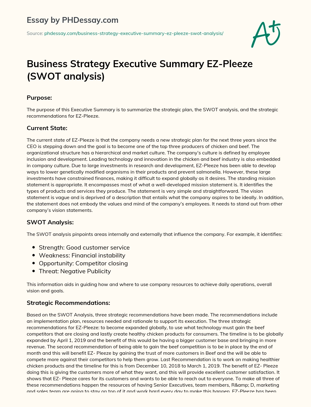 Business Strategy Executive Summary EZ-Pleeze (SWOT analysis) essay