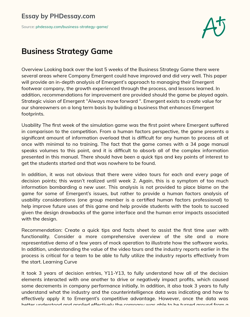 Business Strategy Game essay
