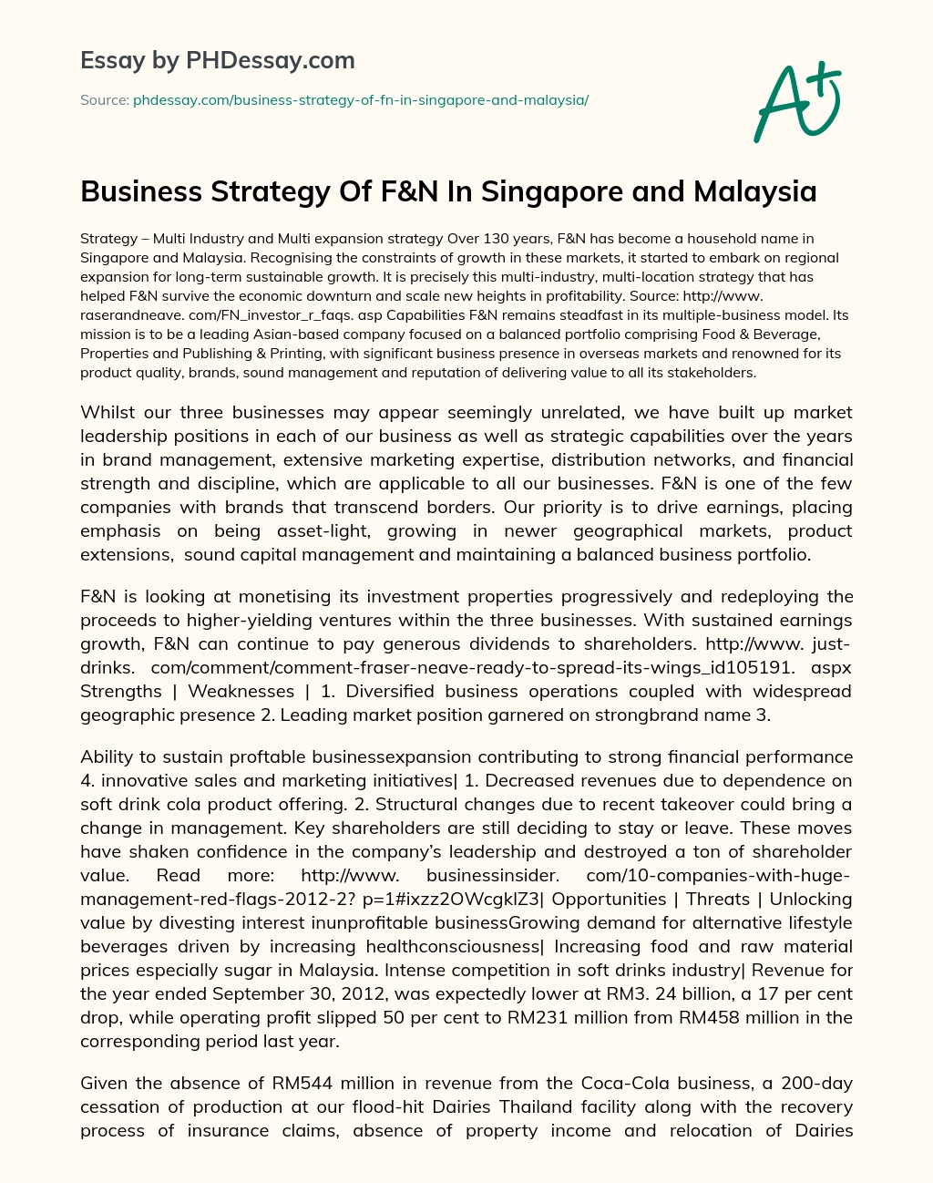 Business Strategy Of F&N In Singapore and Malaysia essay