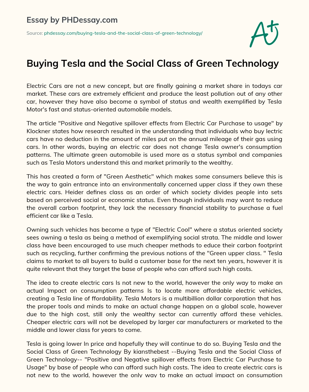 Buying Tesla and the Social Class of Green Technology essay
