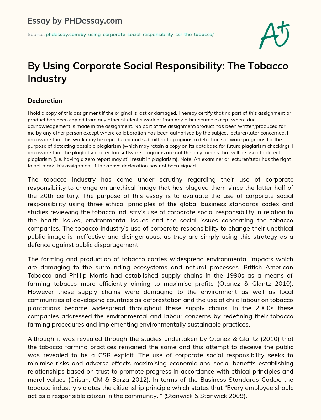 tobacco industry corporate social responsibility essay