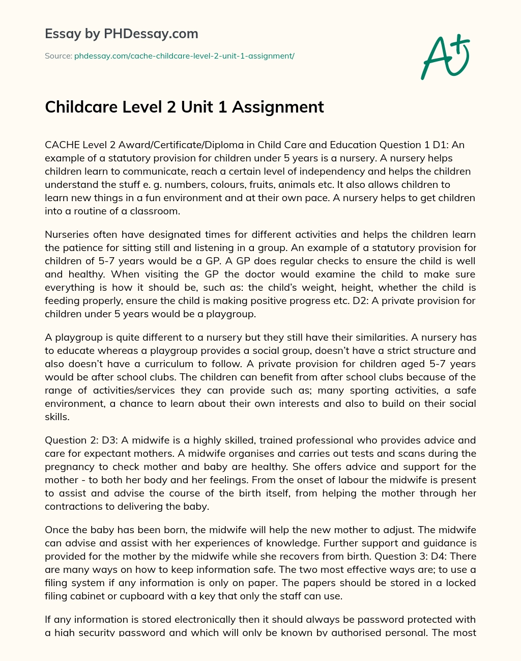 Childcare Level 2 Unit 1 Assignment essay