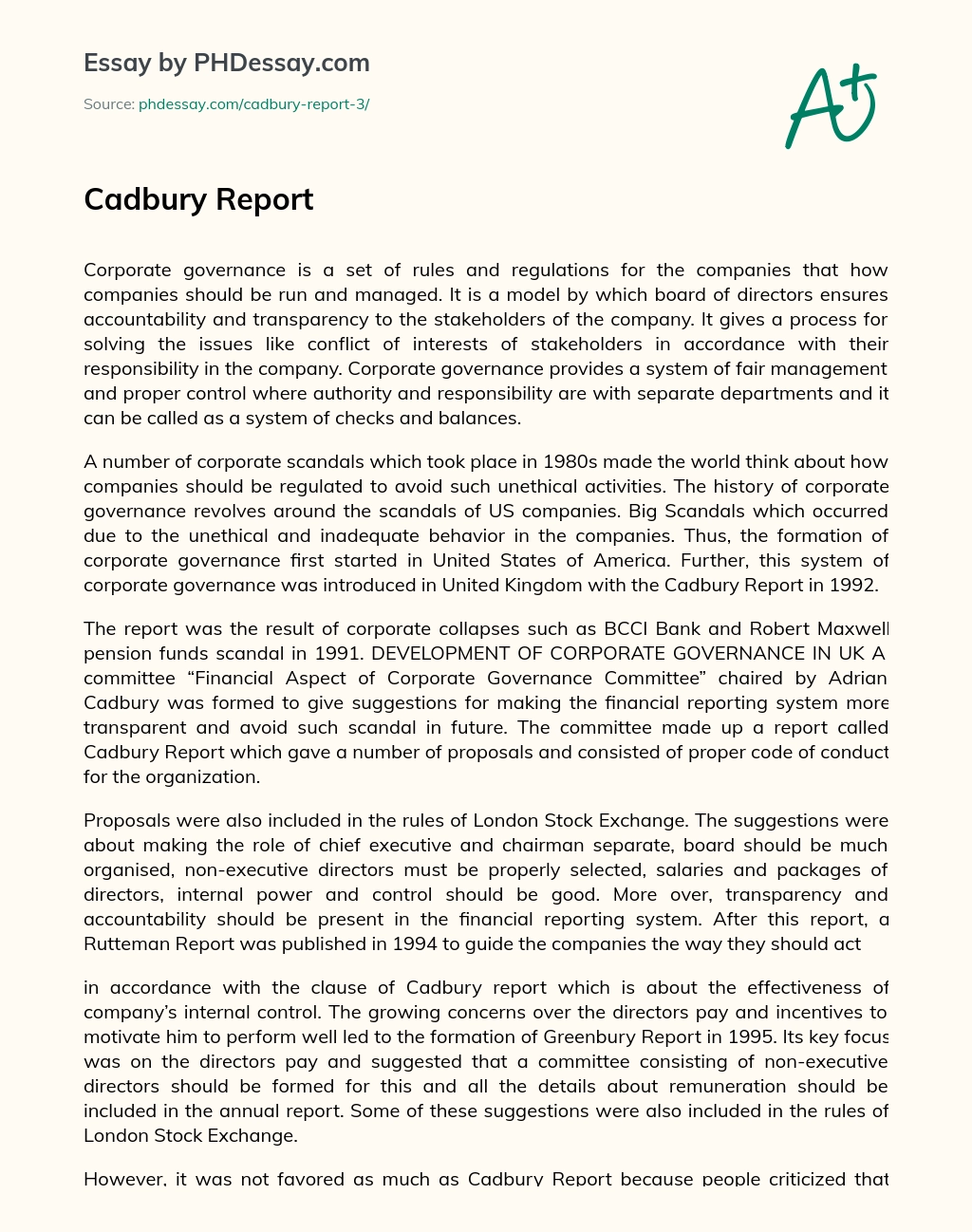 Cadbury Report essay